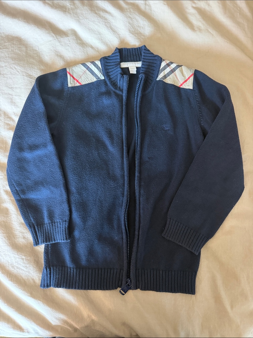 Burberry Navy Zip-Up Sweater with Signature Shoulder Plaid size 7 yrs